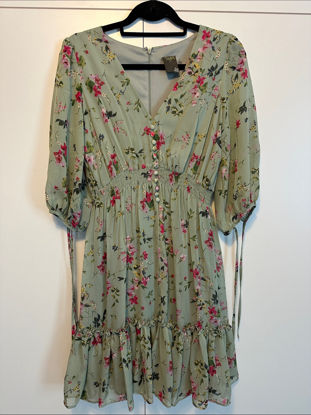 Taylor Sage Green Floral V-Neck Dress